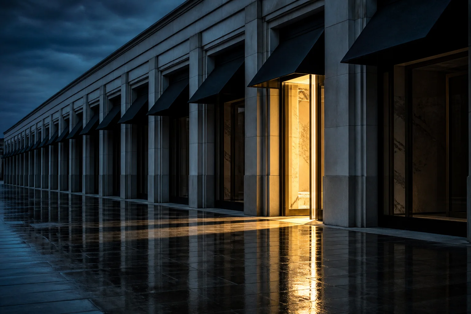 A repeating row of storefronts with one doorway lit gold