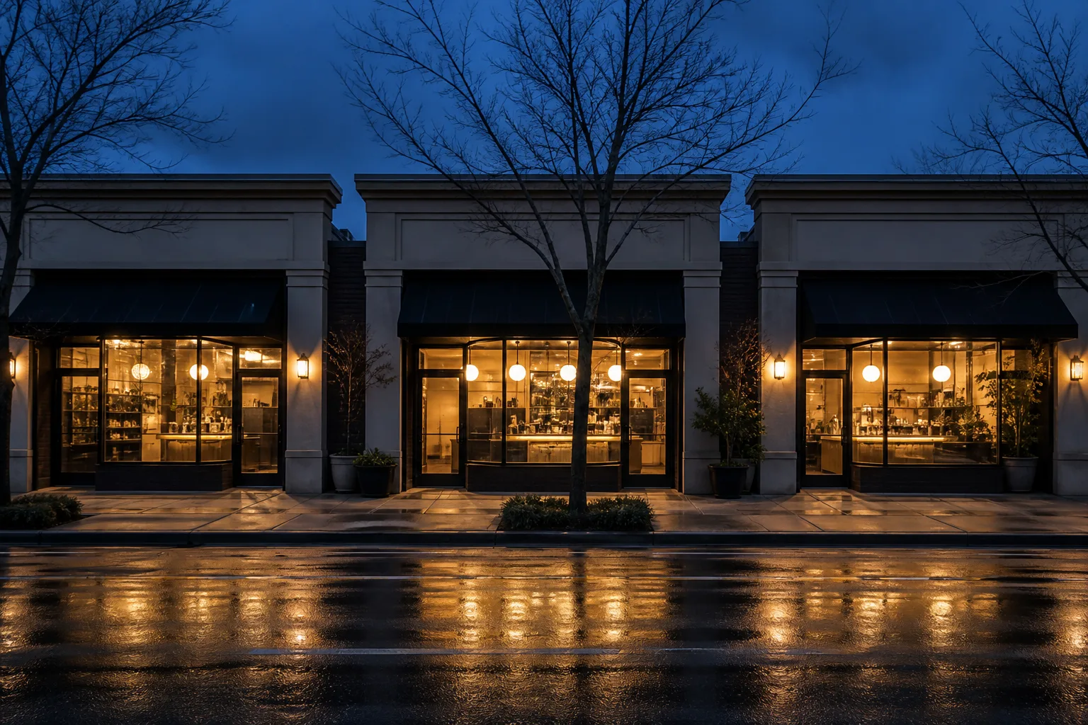 A coordinated row of unbranded storefronts along a city block at blue hour