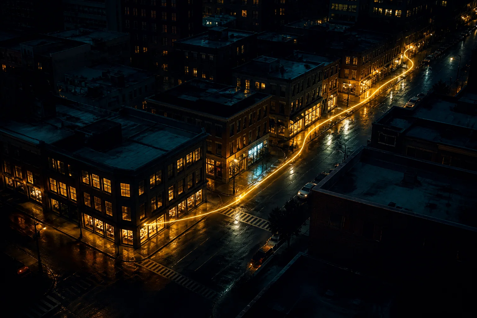 Night streets and shop windows linked by a gold path of light
