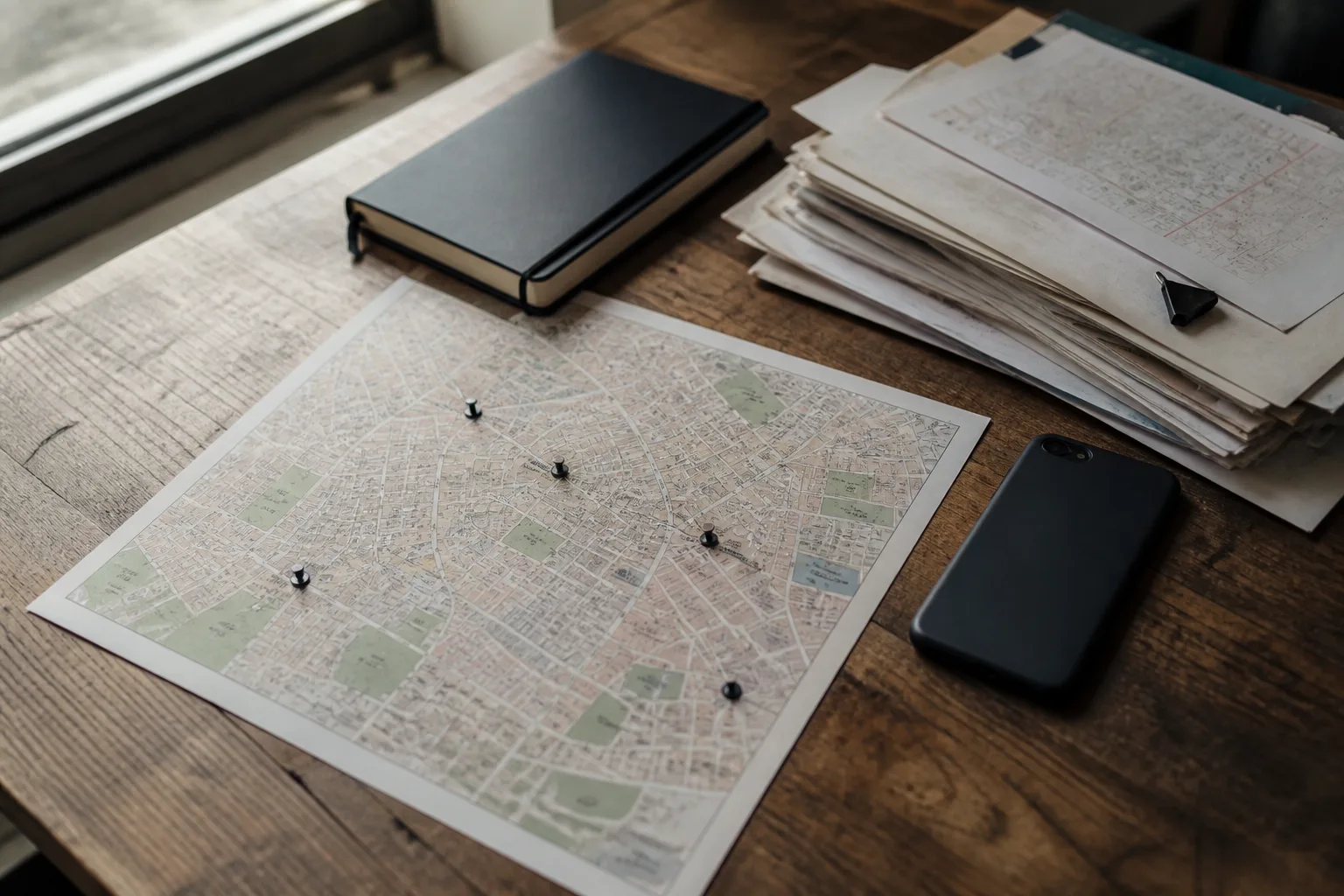 A printed city map, location records, and a face-down phone arranged on a wooden desk